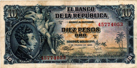 COLOMBIA 10 Pesos 1960 Series N VF Scarce