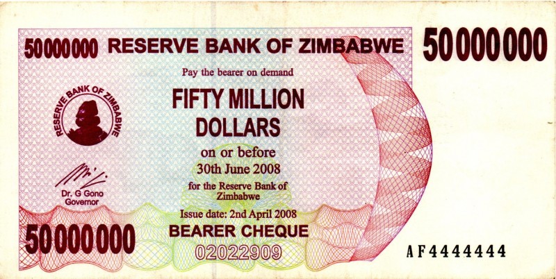 ZIMBABWE $50.000.000 2008 SOLID SERIAL NUMBER AF4444444 AU EXTREMELY RARE
One o...