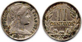 COLOMBIA 2 Centavos 1942 Rare Date VF+