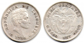 COLOMBIA 10 Centavos 1934 B. Obverse B DOUBLE REPU in REPUBLICA Very Rare XF