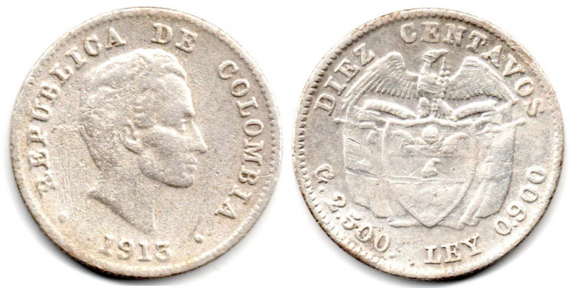 COLOMBIA 10 Centavos 1913 VF salt water damage