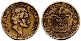 COLOMBIA 50 Centavos 1922 CONTEMPORARY COUNTERFEIT in Brass