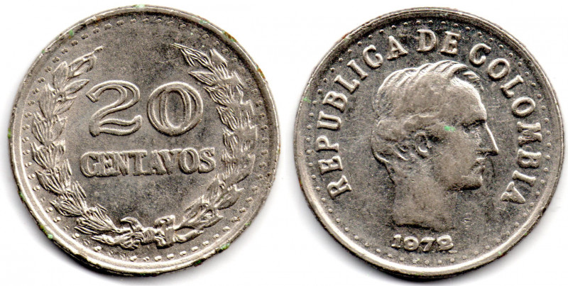 COLOMBIA 20 Centavos 1972 DOUBLE DIE REVERSE VERY RARE XF