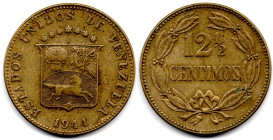 VENEZUELA LOCHA 12 1/2 Centimos 1944 Denver in Brass. Scarce XF