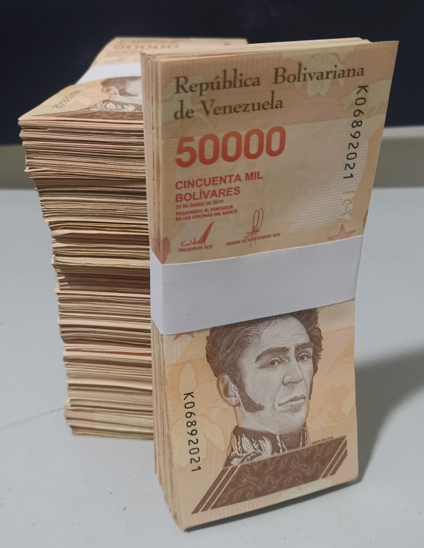 VENEZUELA BRICK (1000 Notes) 50.000 BsS 2019 VF XF Rare
Stock Photo, serial num...