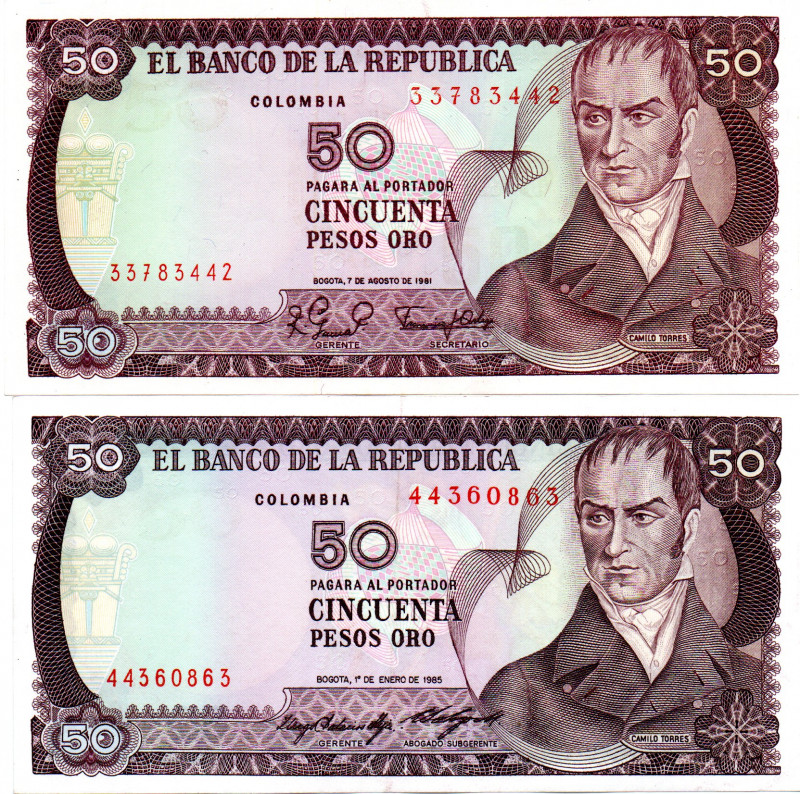 COLOMBIA 2 Pcs. 50 Pesos 1981 & 1985 UNC