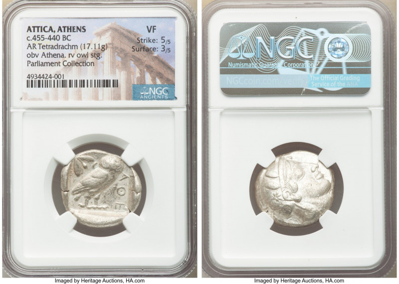 ATTICA. Athens. Ca. 455-440 BC. AR tetradrachm (25mm, 17.11 gm, 10h). NGC VF 5/5...