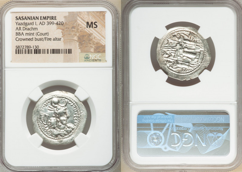 SASANIAN KINGDOM. Yazdgard (Yazdgird) I (AD 399-420). AR drachm (26mm, 3h). NGC ...