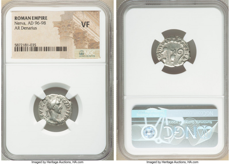 Nerva (AD 96-98). AR denarius (18mm, 6h). NGC VF. Rome. IMP NERVA CAES-AVG P M T...