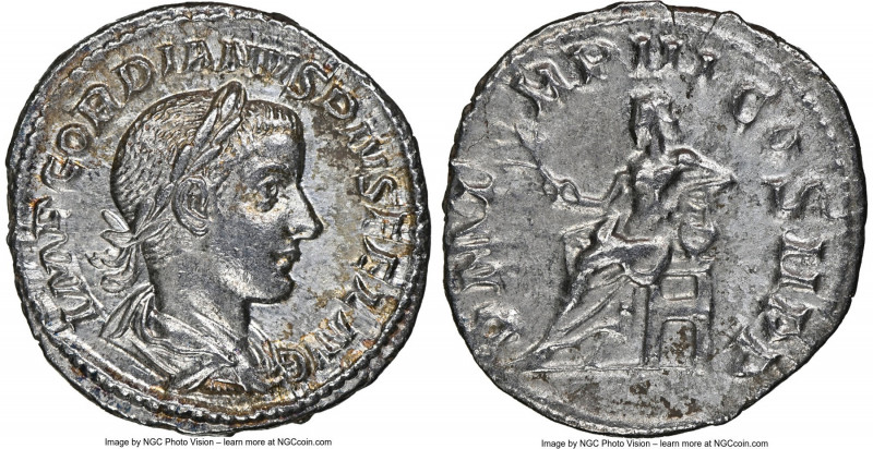 Gordian III (AD 238-244). AR denarius (19mm, 2.66 gm, 6h). NGC MS 3/5 - 4/5. Rom...