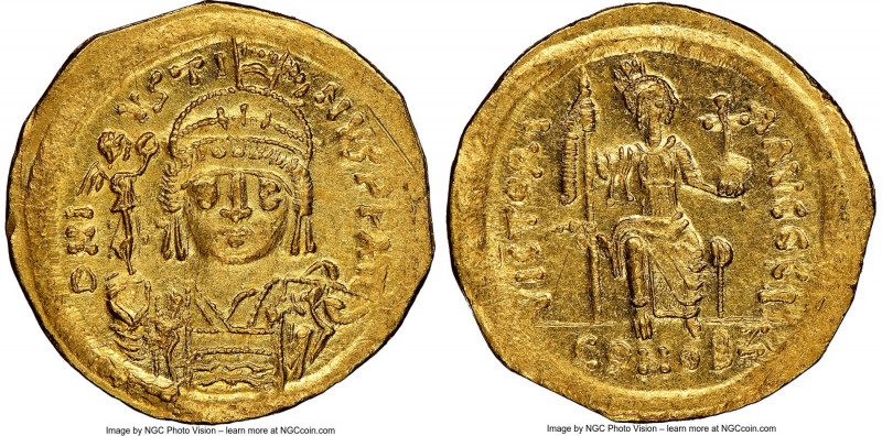 Justin II (AD 565-578). AV solidus (20mm, 4.35 gm, 5h). NGC MS 5/5 - 3/5, edge b...