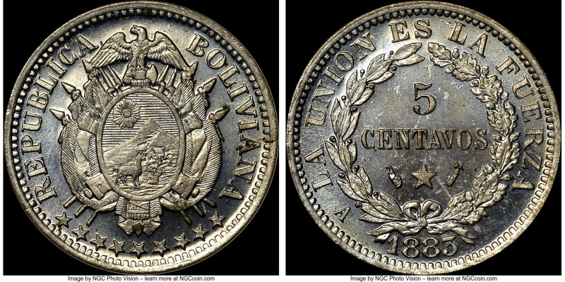 Republic Proof 5 Centavos 1883-A PR65 NGC, Paris mint, KM169.1. Non-holed type. ...