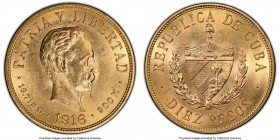 Republic gold 10 Pesos 1916 MS62 PCGS, Philadelphia mint, KM20. Last year of two year type. AGW 0.4838 oz. 

HID09801242017

© 2020 Heritage Aucti...
