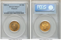 Russian Duchy. Alexander III gold 20 Markkaa 1891-L MS63+ PCGS, Helsinki mint, KM9.2. Shimmering reflectivity with amber tone. 

HID09801242017

©...