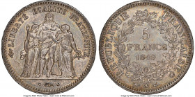 Republic 5 Francs 1849-A MS62 NGC, Paris mint, KM756.1. Popular Herculean group type. Toning in shades of aqua and goldenrod with a slight rosaceous h...