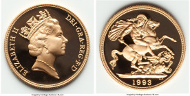 Elizabeth II 3-Piece gold Proof Set 1993, 1) 1/2 Sovereign, KM942 2) Sovereign, KM943 3) 2 Pounds, KM944 Comes with Gold lettered mint issued red box ...