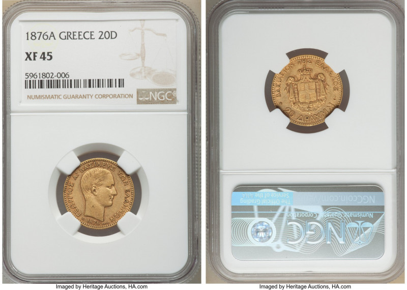 George I gold 20 Drachmai 1876-A XF45 NGC, Paris mint, KM49. Mintage: 37,000. On...