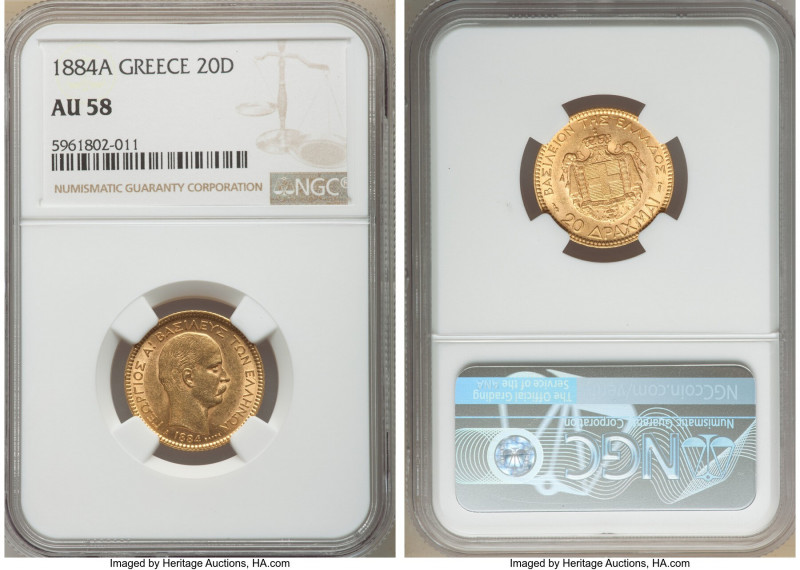 George I gold 20 Drachmai 1884-A AU58 NGC, Paris mint, KM56. One year type. AGW ...