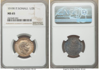 Italy Colony. Vittorio Emanuele III 1/2 Rupia 1919-R MS65 NGC, Rome mint, KM5. Excellent portrait, amber and purple-gray toning. 

HID09801242017
...