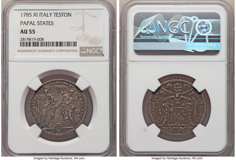 Papal States. Pius VI Teston Anno XI (1785) AU55 NGC, Rome mint, KM1048. First y...