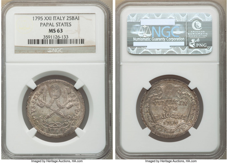 Papal States. Pius VI 25 Baiocchi Anno XXI (1795) MS63 NGC, Rome mint, KM1238. L...