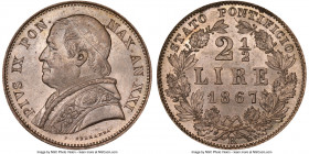 Papal States. Pius IX 2-1/2 Lire Anno XXI (1867)-R MS64 NGC, Rome mint, KM1384. One year type with shadow-gray toning over frosty white fields. 

HI...