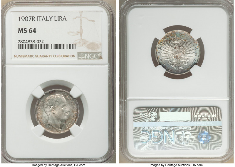 Vittorio Emanuele III Lira 1907-R MS64 NGC, Rome mint, KM32. Pastel toned and fr...