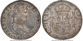 Zacatecas. Ferdinand VII 8 Reales 1821 Zs-RG AU Details (Cleaned) NGC, Zacatecas mint, KM111.5. "HISPAN" variety. Nicely toned with blue, violet, rose...