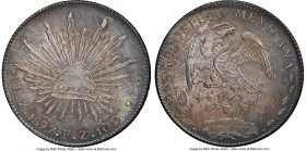 Republic 8 Reales 1897 Zs-FZ MS65 NGC, Zacatecas mint, KM377.13, DP-Zs83. Lagoon blue florescent peripheries with orange tinted gray centers. 

HID0...