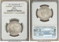 Pair of Certified Assorted Issues, 1) Argentina: Cordoba. Provincial "Large Sunface" 4 Reales 1851 - MS62 NGC, KM24.3 2) Peru: Philip II Cob Real ND (...