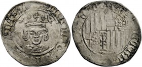 (L’) Aquila. Alfonso I d’Aragona, 1442-1458. Reale, AR 2,75 g. + ALFONSUS DEI armetta Camponeschi DEI [GRACI] RES monogramma Busto coronato di fronte....