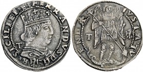 (L’) Aquila. Ferdinando I d’Aragona, 1458-1494. Coronato 1488-1494, AR 3,82 g. FERRANDVS D G – R SICILIE I E. Busto coronato e corazzato a d.; nel cam...