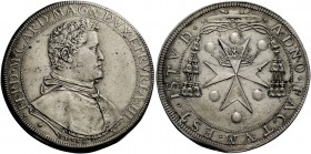 Firenze. Ferdinando I de’Medici, 1587-1609. I periodo: 1587-1588. Piastra 1588, AR 32,67 g. FERD M CARD MAGN DVX ETRVRIÆ III Busto in abito cardinaliz...