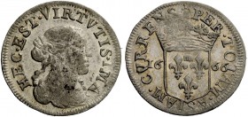 Fosdinovo. Maria Maddalena Centurioni (moglie di Pasquale Malaspina), 1663-1669. Luigino anonimo 1666, AR 1,98 g. HEC EST VIRTVTIS IMA Busto femminile...