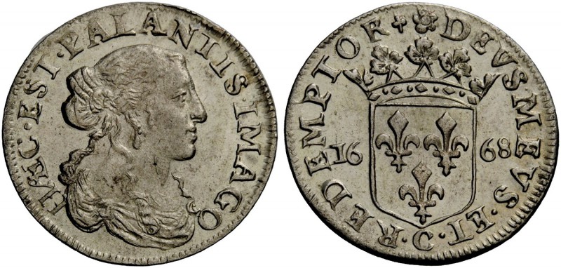 Fosdinovo. Luigino incerto 1668, AR 2,41 g. HÆC EST PALANTIS IMAGO Busto femmini...