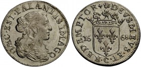 Fosdinovo. Luigino incerto 1668, AR 2,41 g. HÆC EST PALANTIS IMAGO Busto femminile rivolto a d. Rv. DEVS MEVS ET (•C•) REDEMPTOR Stemma coronato; ai l...
