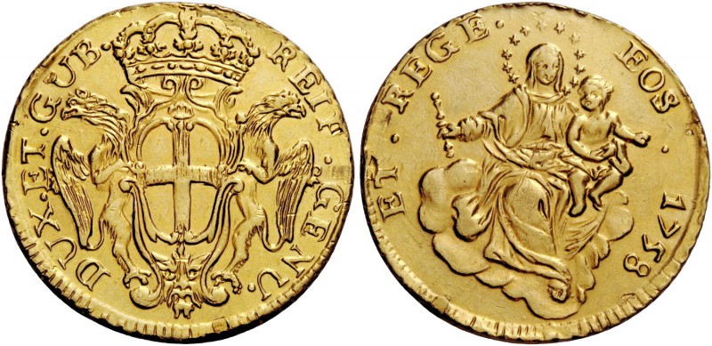 Genova. III fase: 1637-1797. Da 50 lire 1758, AV 12,77 g. DUX ET GVB – REIP GENU...