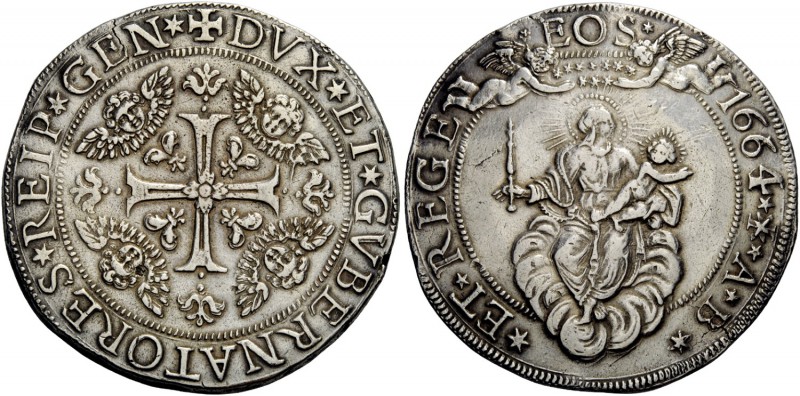 Genova. Da 2 scudi 1664, AR 76,43 g. DVX ET GVBERNATORES REIP GEN Croce incavata...