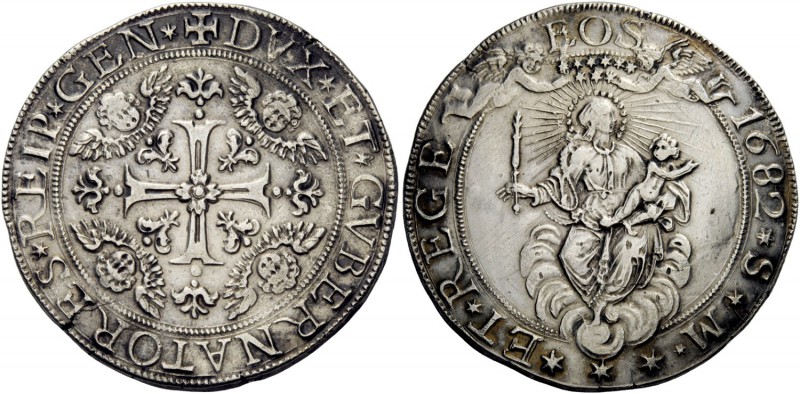 Genova. Da 2 scudi 1682, AR 76,70 g. DVX ET GVBERNATORES REIP GEN Croce incavata...
