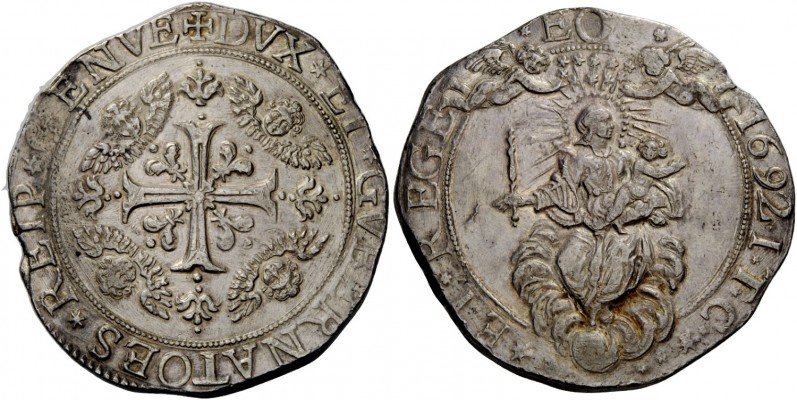 Genova. Da 2 scudi 1692, AR 76,63 g. DVX ET GVBERNATORES REIP GENVE Croce ornata...