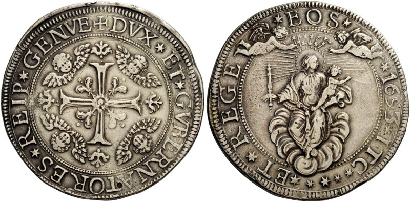 Genova. Da 2 scudi 1693, AR 76,39 g. DVX ET GVBERNATORES REIP GENVE Croce ornata...