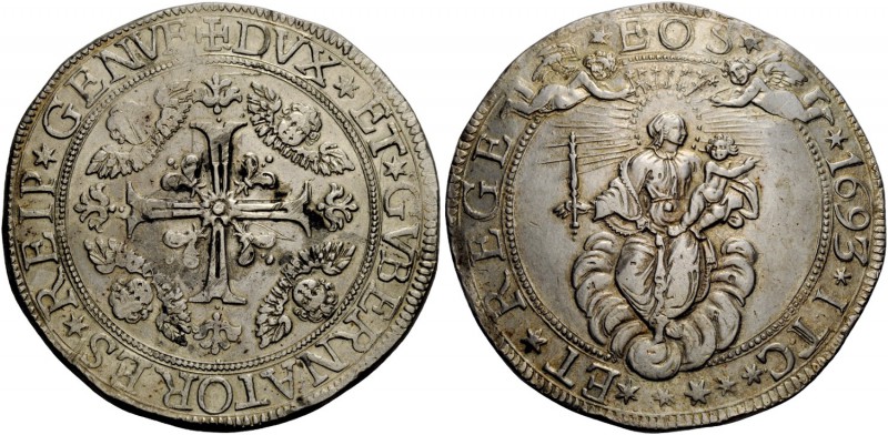 Genova. Da 2 scudi 1693, AR 76,56 g. DVX ET GVBERNATORES REIP GENVE Croce ornata...
