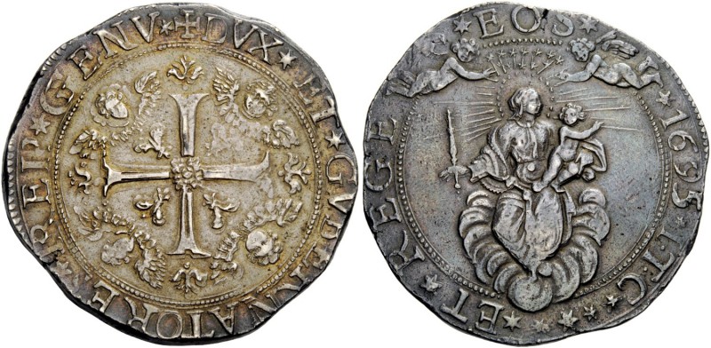 Genova. Da 2 scudi 1695, AR 76,95 g. DVX ET GVBERNATORES REIP GENV Croce ornata ...
