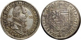 Guastalla. Tallero 1620, AR 28,18 g. FERDINANDVS • GONZ – AGA·CAESARIS·FILIVS Busto corazzato e drappeggiato a d., con colletto alla spagnola e collar...