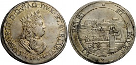 Livorno. Cosimo III de’Medici, 1670-1723. Tollero 1680, AR 26,92 g. COSMVS III D G MAG DVX ETRVRIAE VI Busto corazzato e drappeggiato con corona radia...