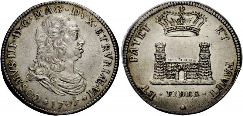 Livorno. Tollero 1707, AR 26,98 g. COSMVS III D G MAG DVX ETRVRIÆ VI Busto drapp...
