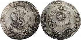 Mantova. Carlo II Gonzaga-Nevers, 1647-1665. Ducatone 1649, AR 31,65 g. CAROLVS II D G DVX MAN ET M F ET C Busto giovanile corazzato a s. con maschero...