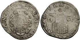 Massa di Lunigiana. Da 4 bolognini 1575, AR 4,10 g. ALBERICVS CYBO PRINC I Stemma ovale inquartato in cartella a cartocci sormontato da corona a cinqu...