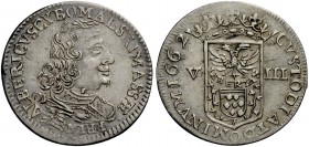 Massa di Lunigiana. Alberico II Cybo Malaspina, 1662-1690. I periodo: principe, 1662-1664. Da 8 bolognini 1662, AR 2,23 g. ALBERICVS CYBO MAL S R I MA...
