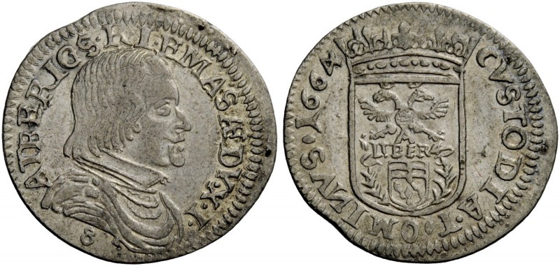 Massa di Lunigiana. II periodo: duca, 1664-1690. Da 8 bolognini 1664, AR 2,23 g....